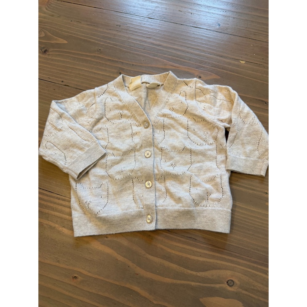 Kk34 Gap First Favorites Baby Cardigan Sweater Oatmeal Beige Pointelle Bear 3-6M